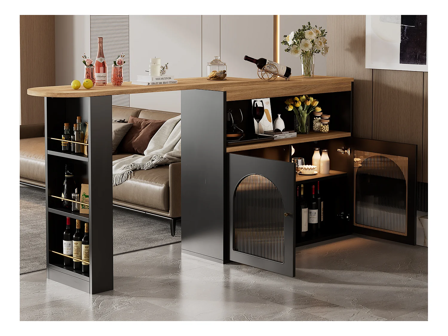 Meuble de bar pivotant - 2 portes, 3 étagères de rangement & niche - MDF plateau effet bois - LEDs - Naturel et noir