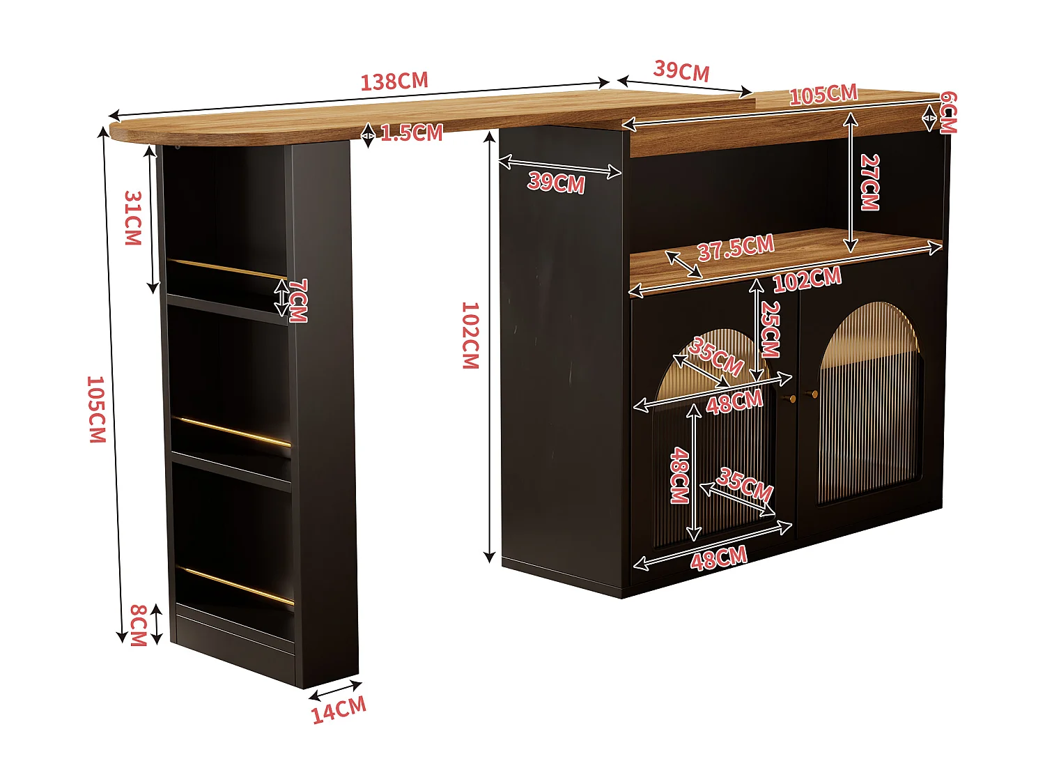 Mueble bar giratorio - 2 puertas, 3 estantes de almacenamiento y nicho - Tapa efecto madera MDF - LED - Natural y negro