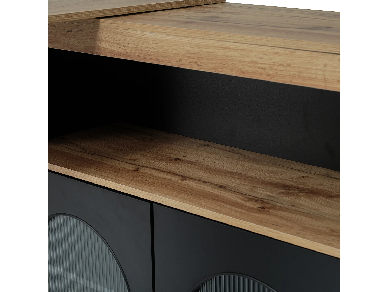 Mueble bar giratorio - 2 puertas, 3 estantes de almacenamiento y nicho - Tapa efecto madera MDF - LED - Natural y negro