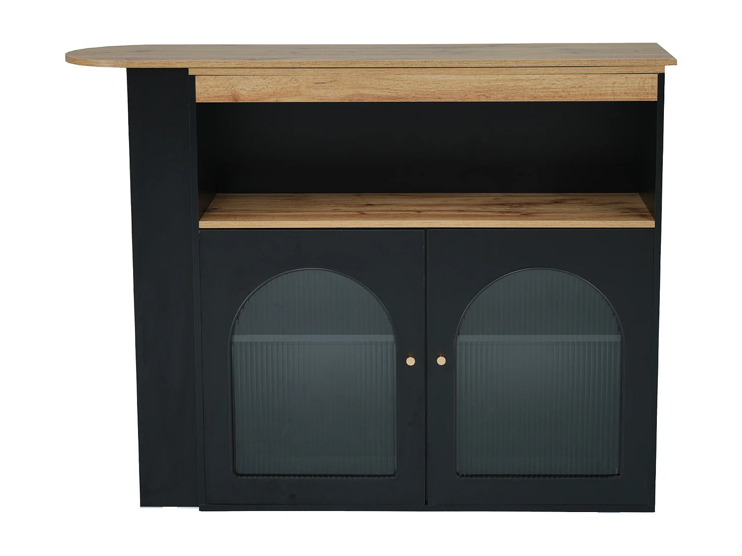 Mueble bar giratorio - 2 puertas, 3 estantes de almacenamiento y nicho - Tapa efecto madera MDF - LED - Natural y negro