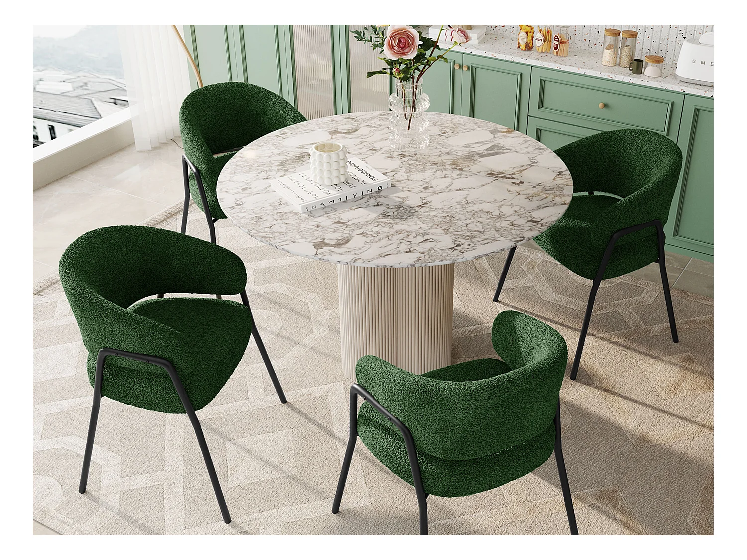 Lot de 4 Chaises, Chaises de salle à manger, Chaises de maquillage - Velours et métal - Vert foncé - BLITZ
