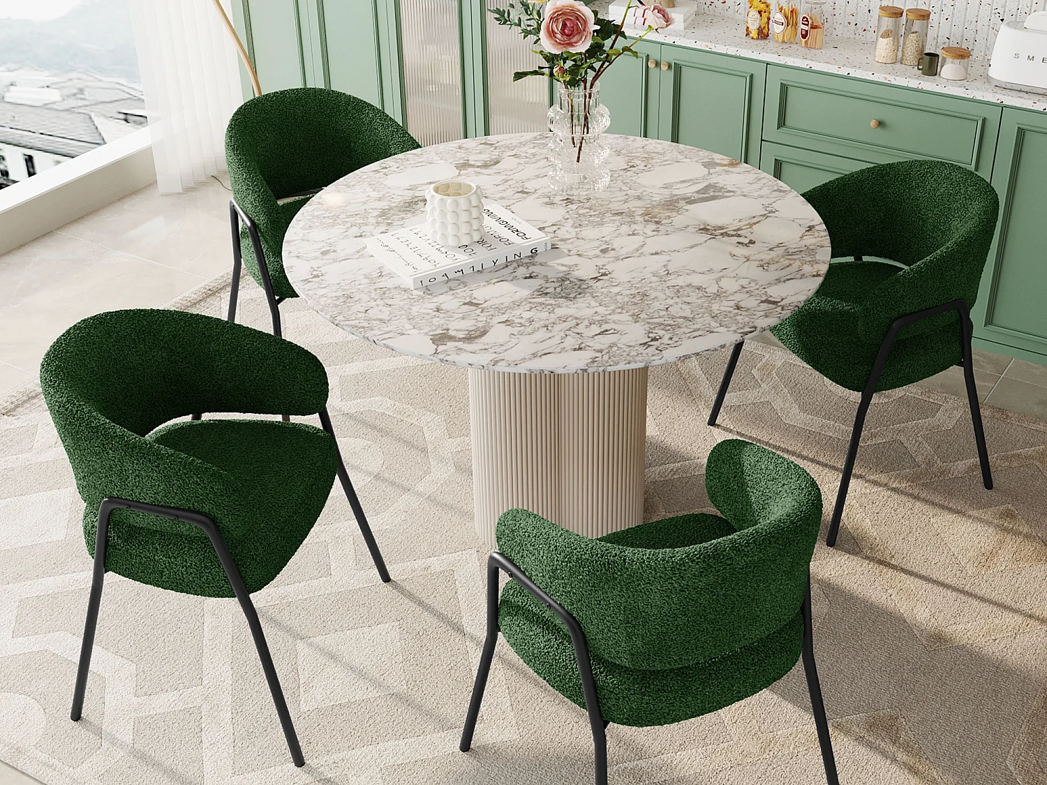 Lot de 4 Chaises, Chaises de salle à manger, Chaises de maquillage - Velours et métal - Vert foncé - BLITZ