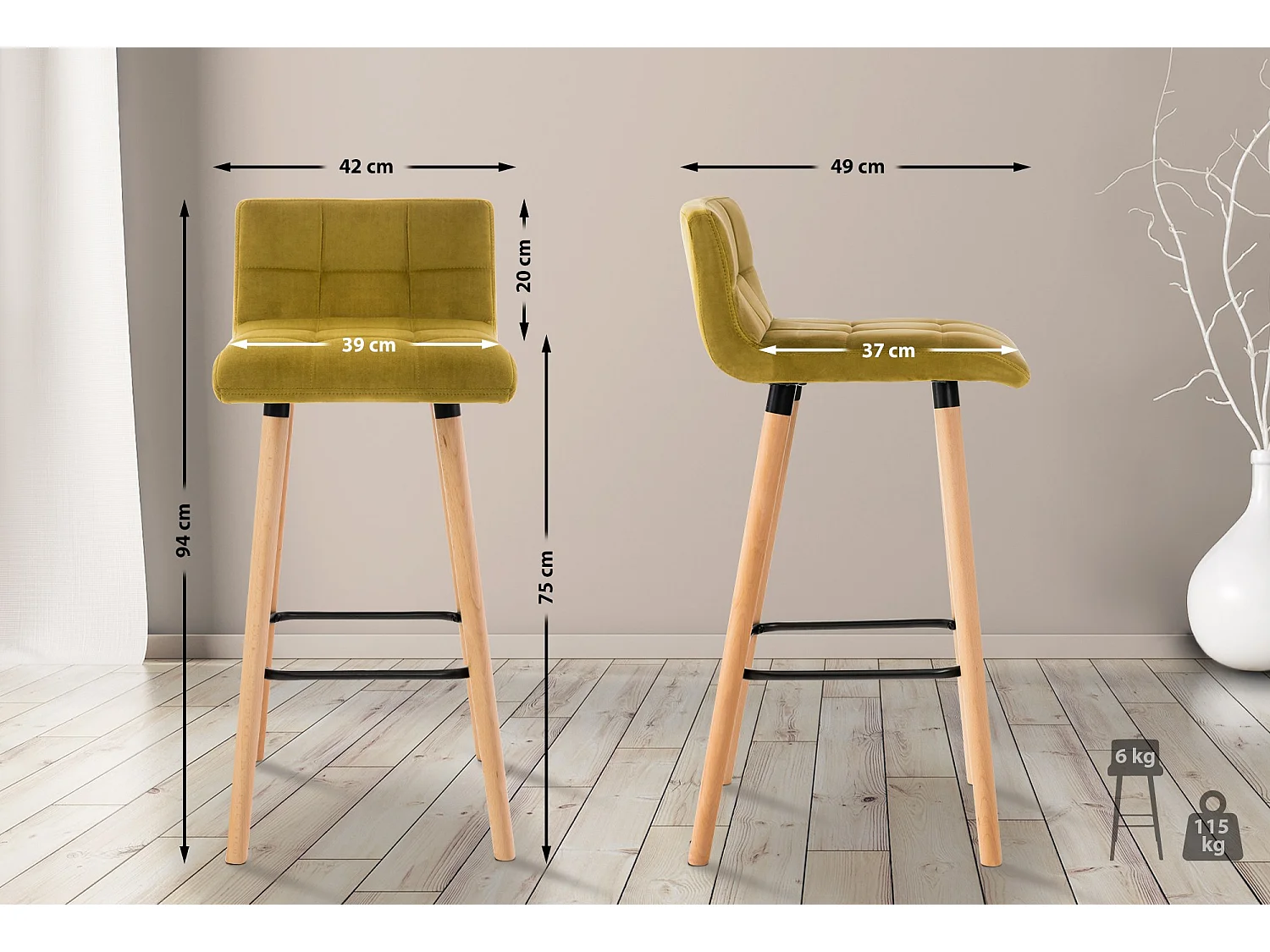 Tabouret de bar - Velours - Jaune - Lincoln