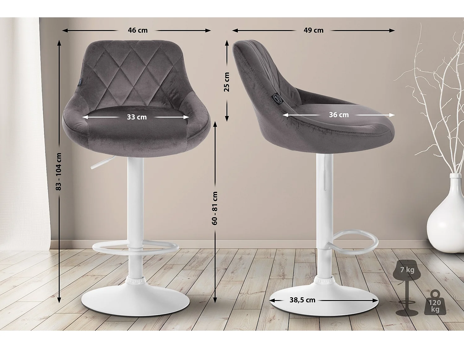 Lot de 2  Tabouret de bar - Velours & Métal - Gris - Lazio