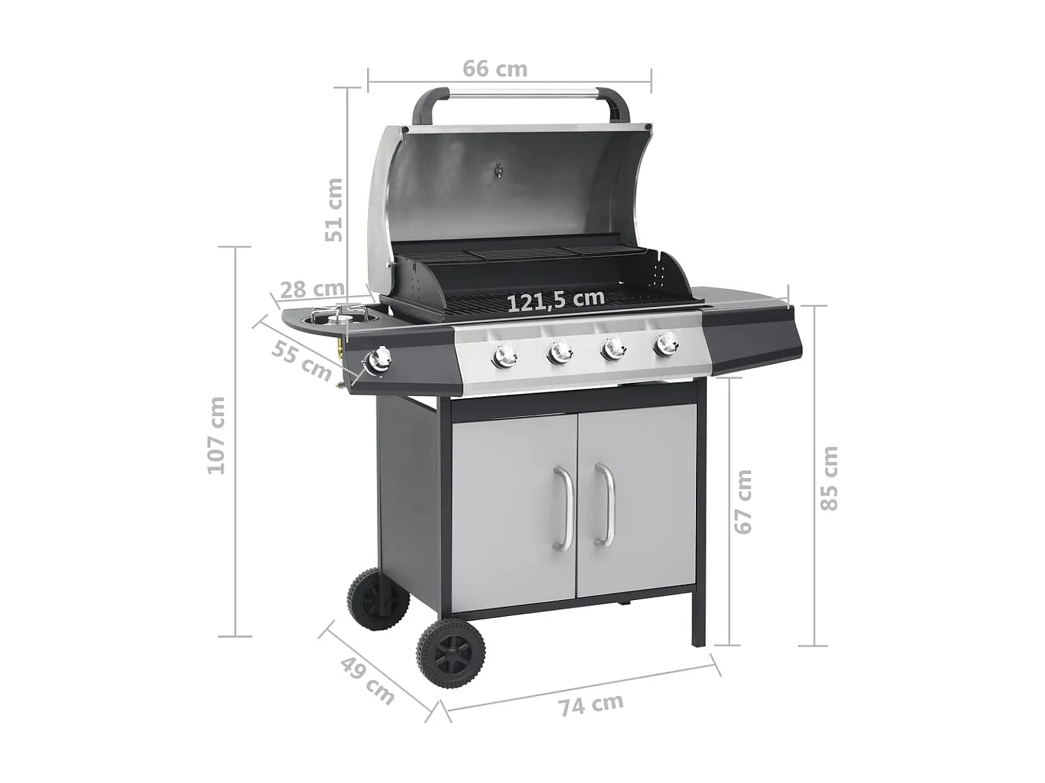 Gasgrill 4+1 Flammen Schwarz und Silbern Stahl & Edelstahl