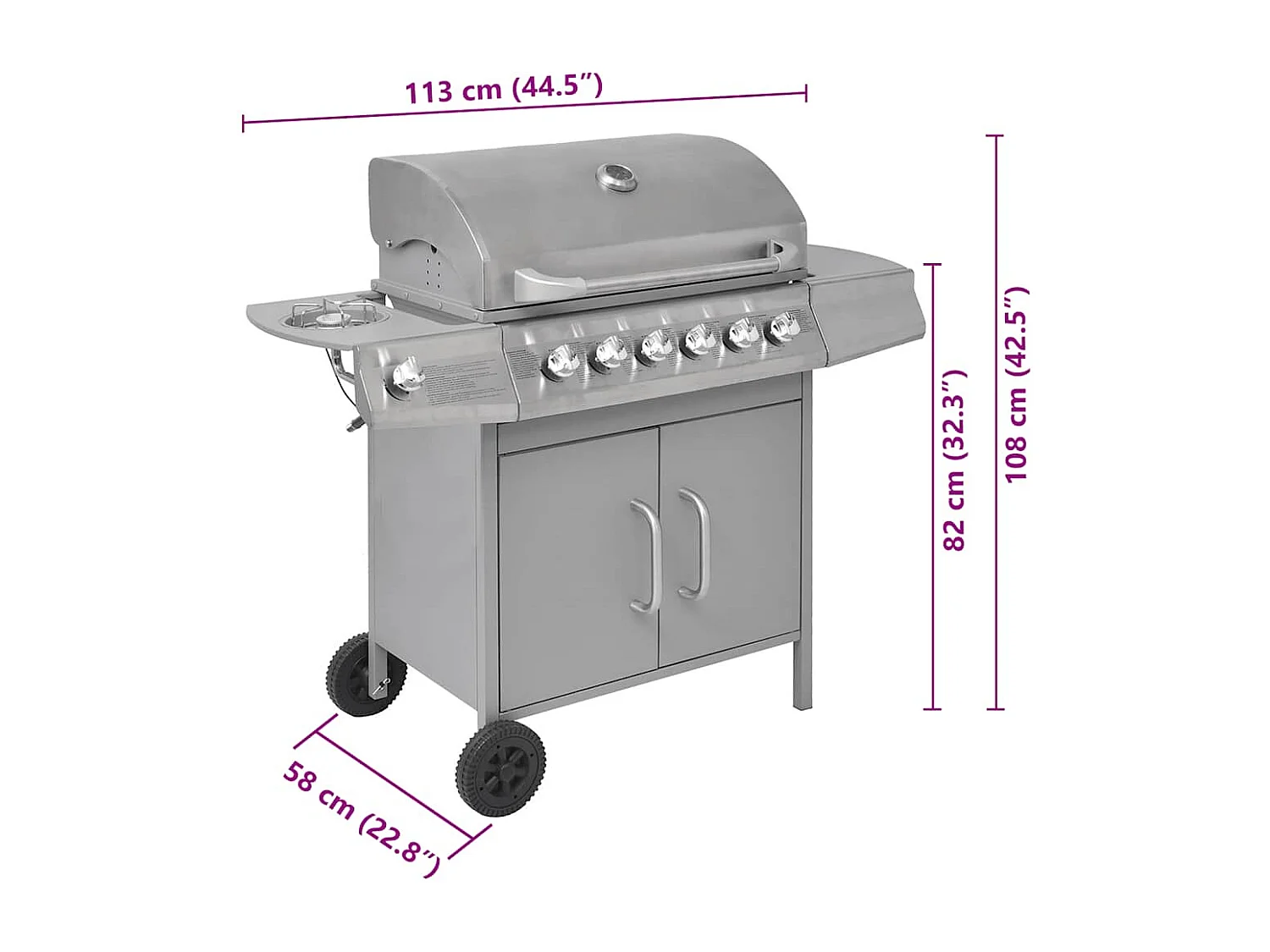 Barbecue à gaz 6 + 1 zone de cuisson Argenté