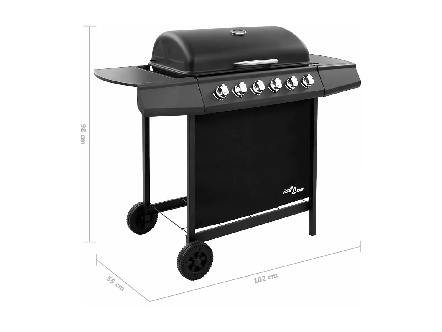 Barbacoa de gas de 6 quemadores en negro con termómetro integrado y funda protectora