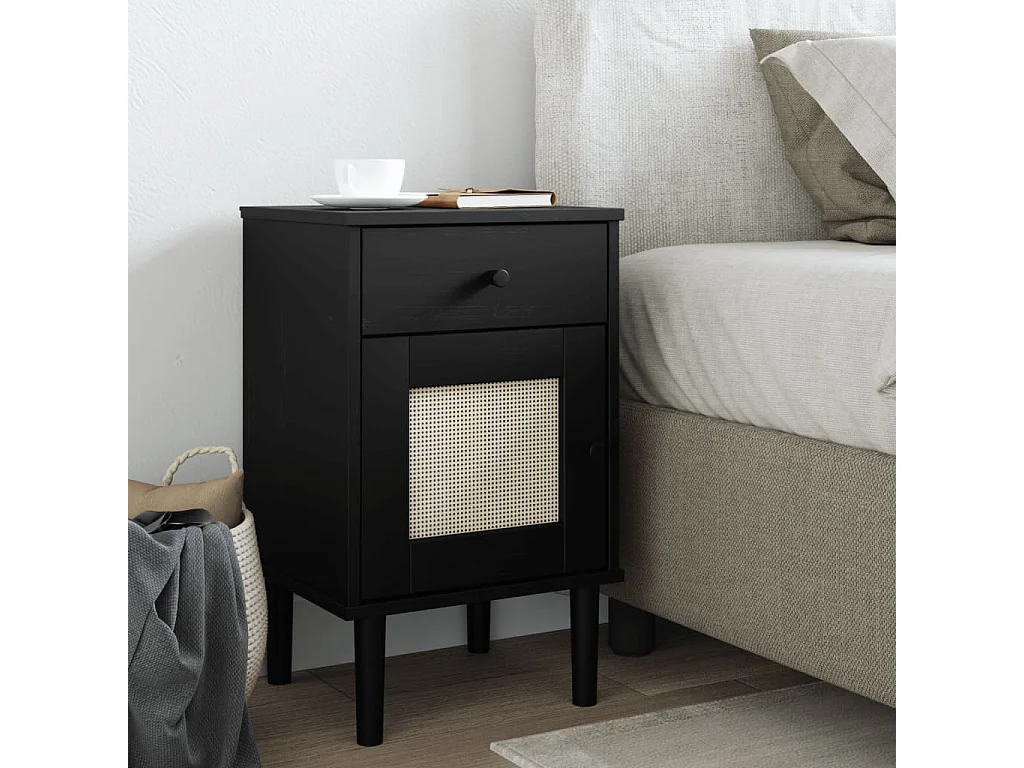 Nachttisch SENJA Rattan-Look Schwarz 40x35x65 Massivholz Kiefer