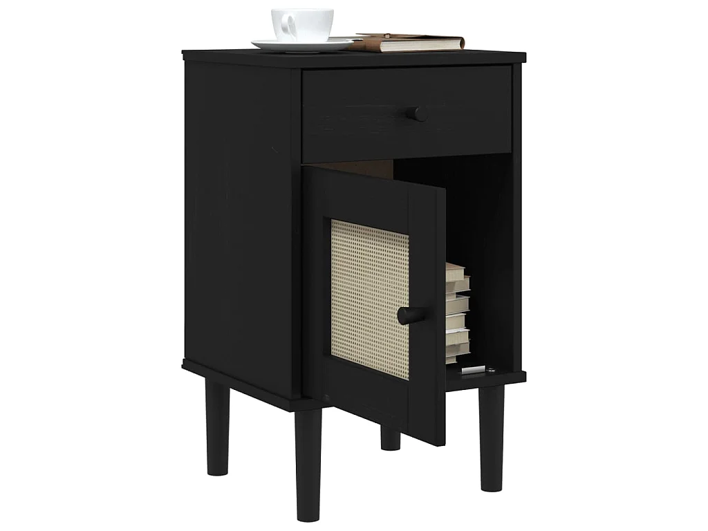 Nachttisch SENJA Rattan-Look Schwarz 40x35x65 Massivholz Kiefer