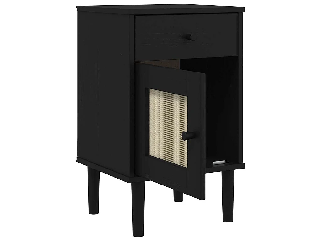 Nachttisch SENJA Rattan-Look Schwarz 40x35x65 Massivholz Kiefer