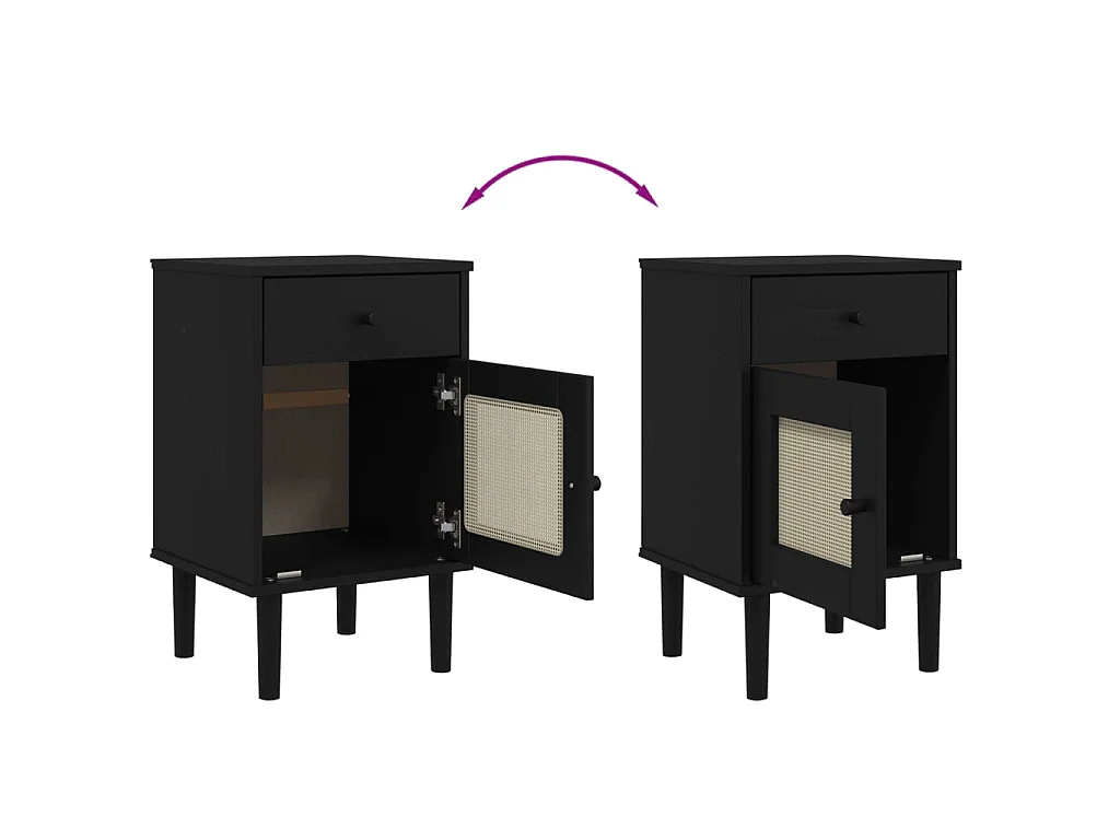 Nachttisch SENJA Rattan-Look Schwarz 40x35x65 Massivholz Kiefer