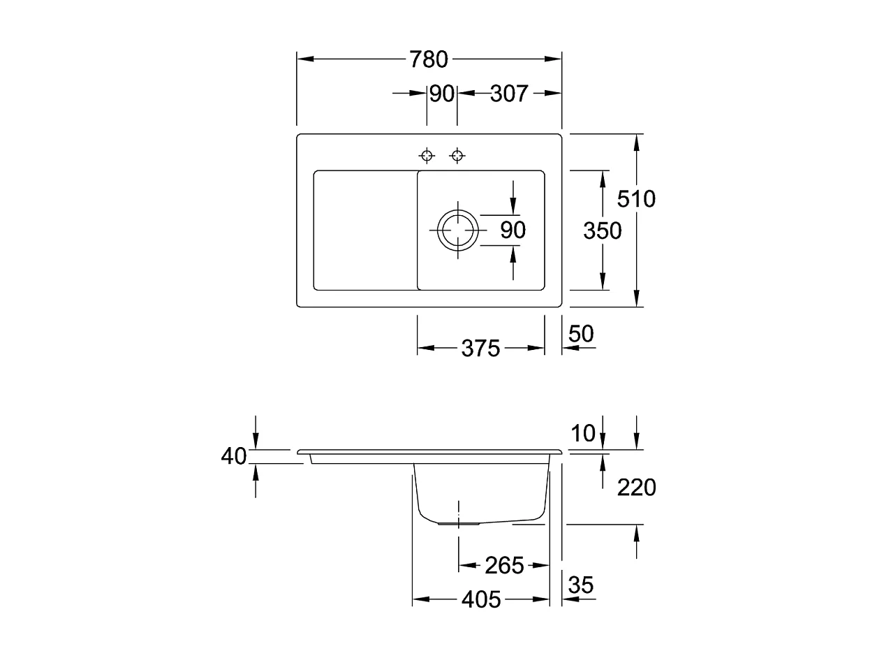 Evier 1 bac avec egouttoir a droite VILLEROY ET BOCH Subway Pure 45 78 x 51 cm Blanc sans vidage