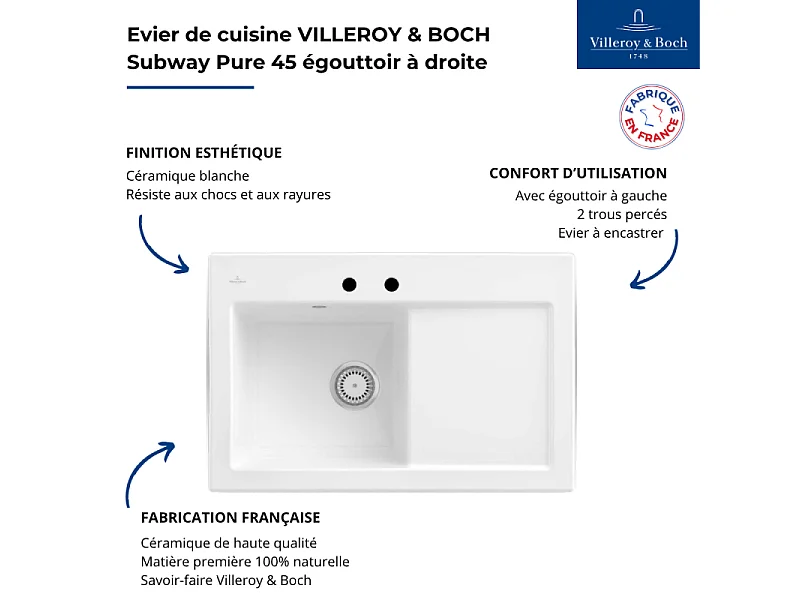 Evier 1 bac avec egouttoir a droite VILLEROY ET BOCH Subway Pure 45 78 x 51 cm Blanc sans vidage