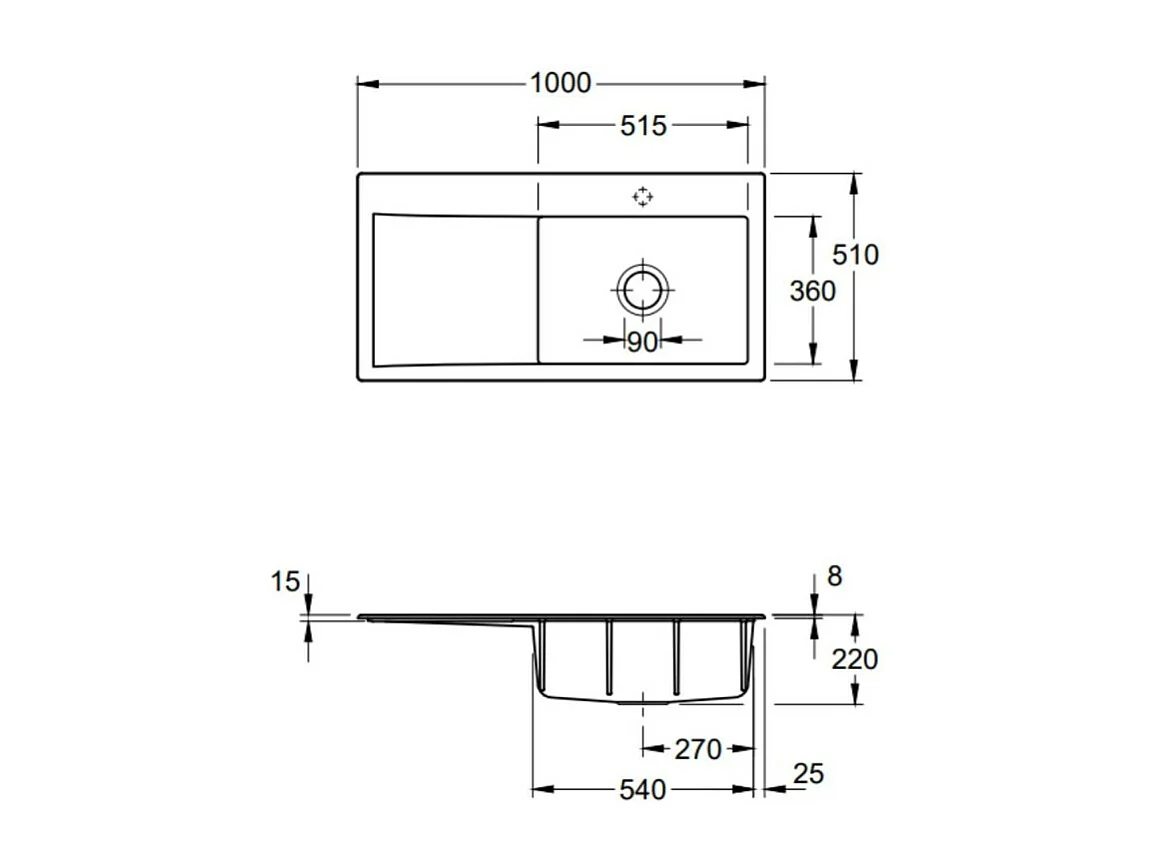 Evier a encastrer 1 bac VILLEROY ET BOCH Subway Style 60 egouttoir à gauche vidage automatique Stone White CeramicPlus
