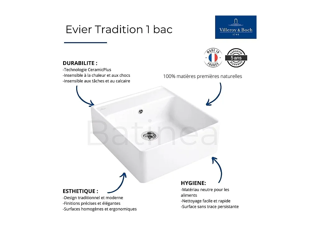 Evier VILLEROY ET BOCH Timbre d'office Tradition 1 bac vidage auto + Robinet de cuisine Avia 2.0 Or Mat