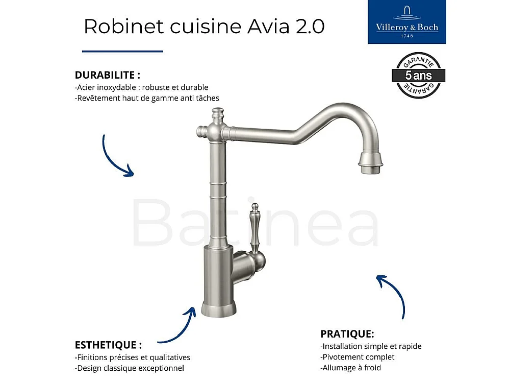 Evier VILLEROY ET BOCH Timbre d'office Tradition 1 bac vidage auto + Robinet de cuisine Avia 2.0 Or Mat