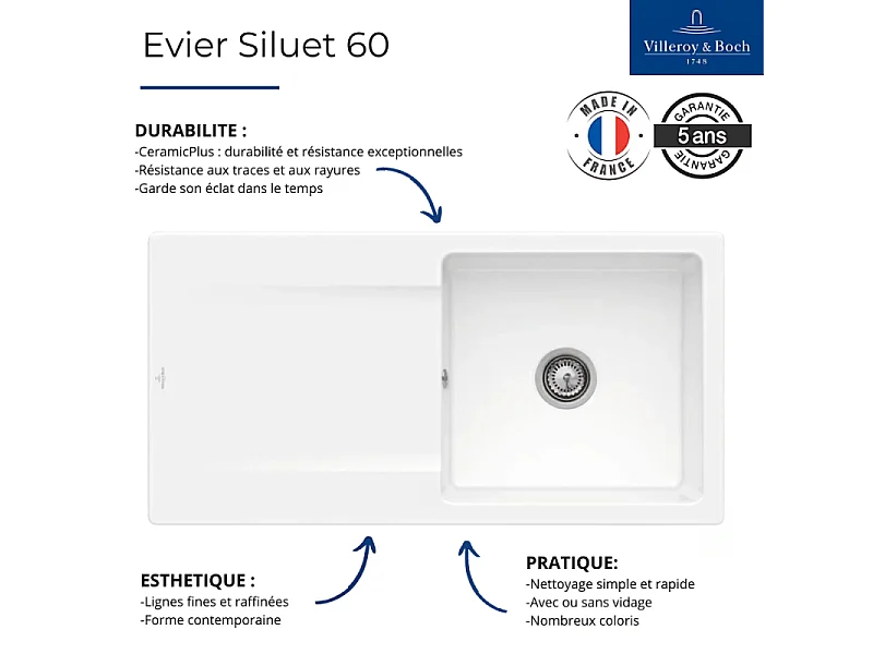 Evier VILLEROY ET BOCH Siluet 60 Almond CeramicPlus avec vidage manuel