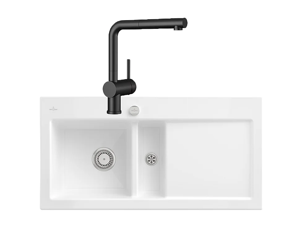 Evier VILLEROY ET BOCH Subway Pure 60 1 bac et demi égouttoir à droite vidage auto + Robinet Steel Shower Anthracite