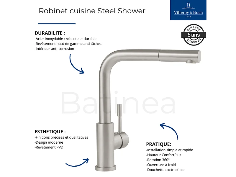 Evier VILLEROY ET BOCH Subway Pure 60 1 bac et demi égouttoir à droite vidage auto + Robinet Steel Shower Anthracite