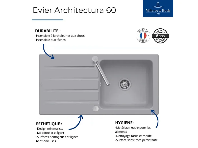Evier 100x 51 cm VILLEROY ET BOCH Architectura 60 Fossile