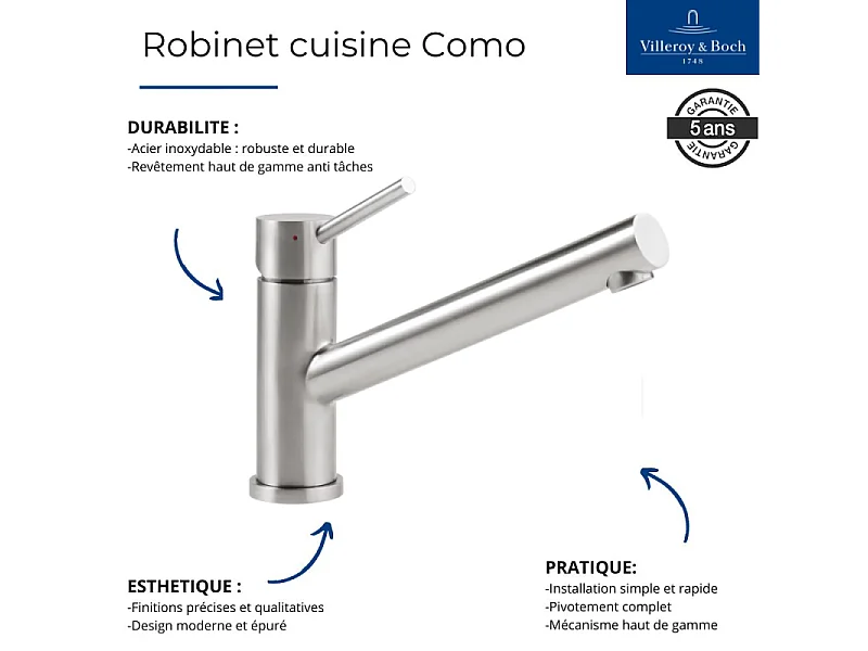 Evier 1 bac VILLEROY ET BOCH Architectura 60 vidage auto + Robinet de cuisine Como Acier Massif Poli