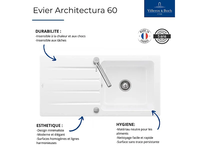 Evier 1 bac VILLEROY ET BOCH Architectura 60 vidage auto + Robinet de cuisine Como Acier Massif Poli