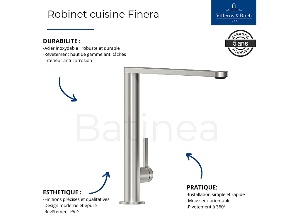 Evier 1 bac VILLEROY ET BOCH Architectura 60 vidage auto + Robinet de cuisine Finera Or Mat
