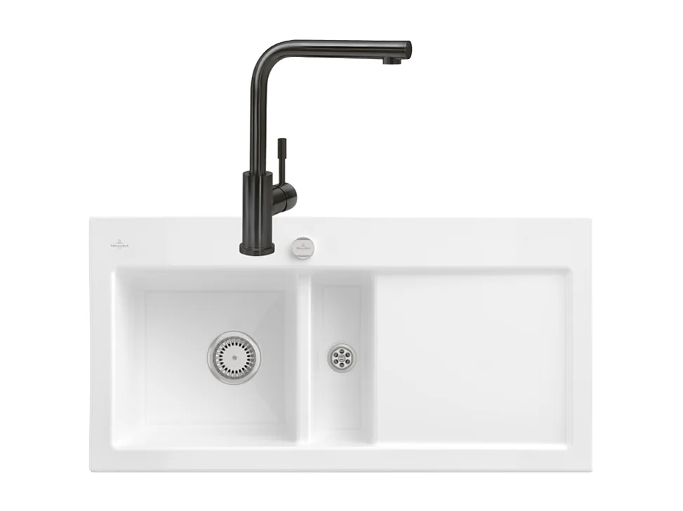 Evier VILLEROY ET BOCH Subway Pure 60 1 bac et demi égouttoir à droite vidage auto + Robinet Modern Steel Anthracite