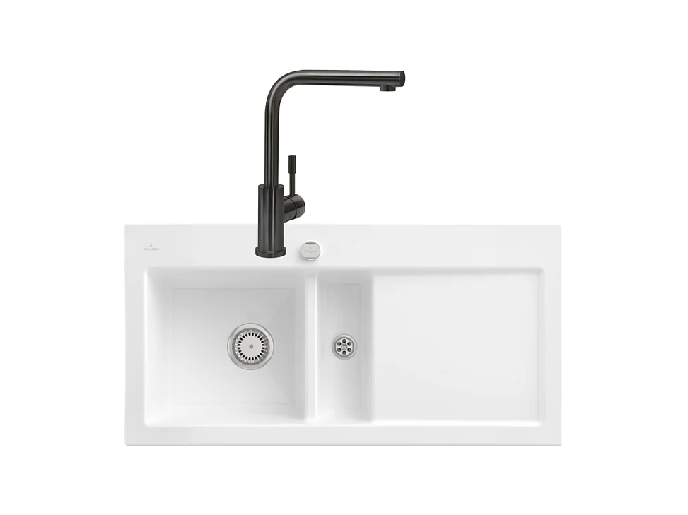 Evier VILLEROY ET BOCH Subway Pure 60 1 bac et demi égouttoir à droite vidage auto + Robinet Modern Steel Anthracite