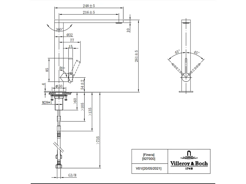 Evier 1 bac VILLEROY ET BOCH Architectura 60 vidage auto + Robinet de cuisine Finera Acier Massif