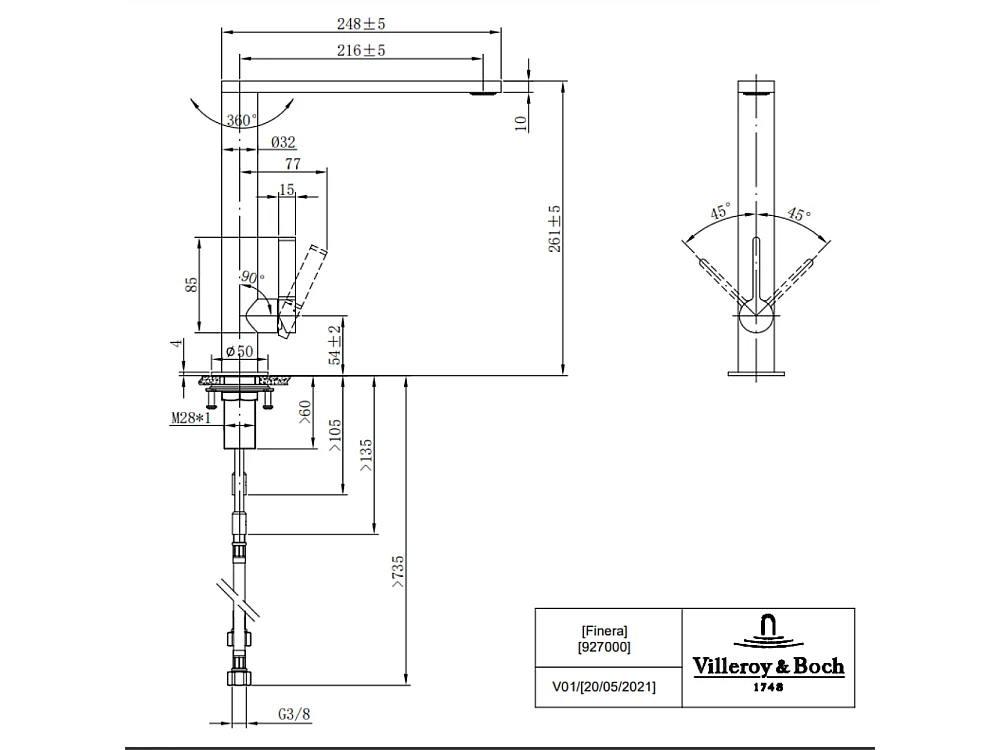 Evier 1 bac VILLEROY ET BOCH Architectura 60 vidage auto + Robinet de cuisine Finera Acier Massif