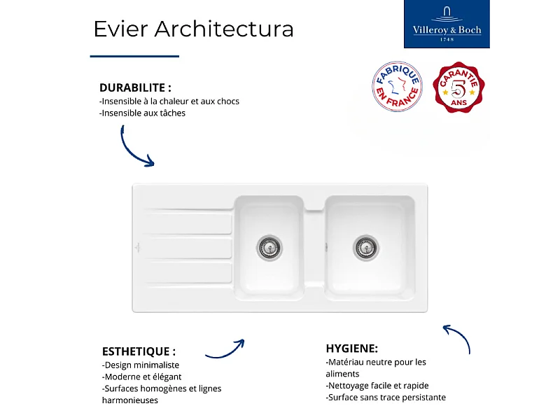 Evier 116 x 51 cm VILLEROY ET BOCH Architectura 80 Fossile vidage automatique inclus