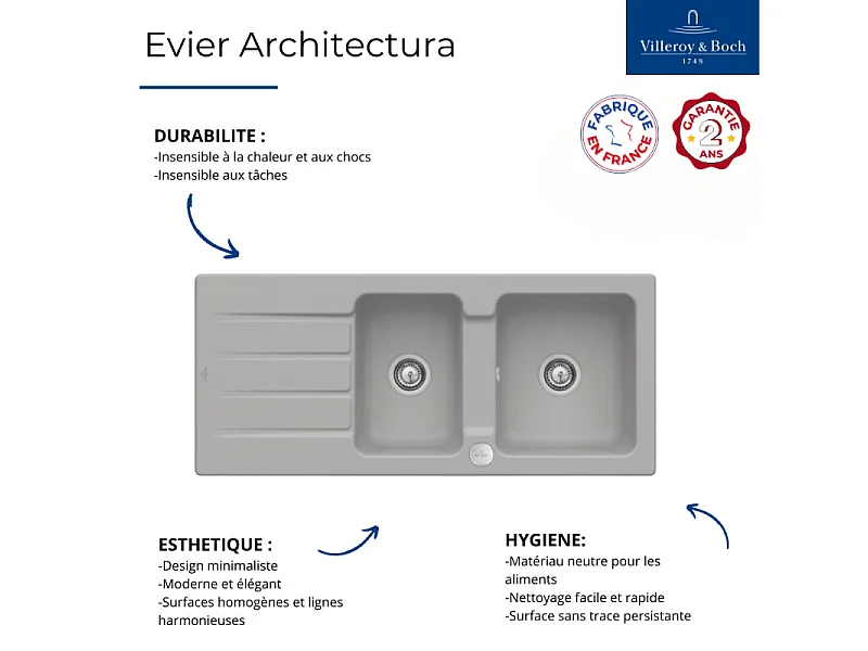 Evier 116 x 51 cm VILLEROY ET BOCH Architectura 80 Fossile vidage automatique inclus