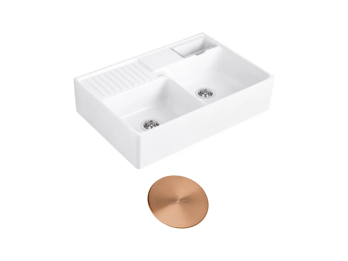 Evier timbre d'office VILLEROY ET BOCH Tradition 2 bacs 89,5 x 63 céramique vidage manuel blanc + Cache bonde bronze