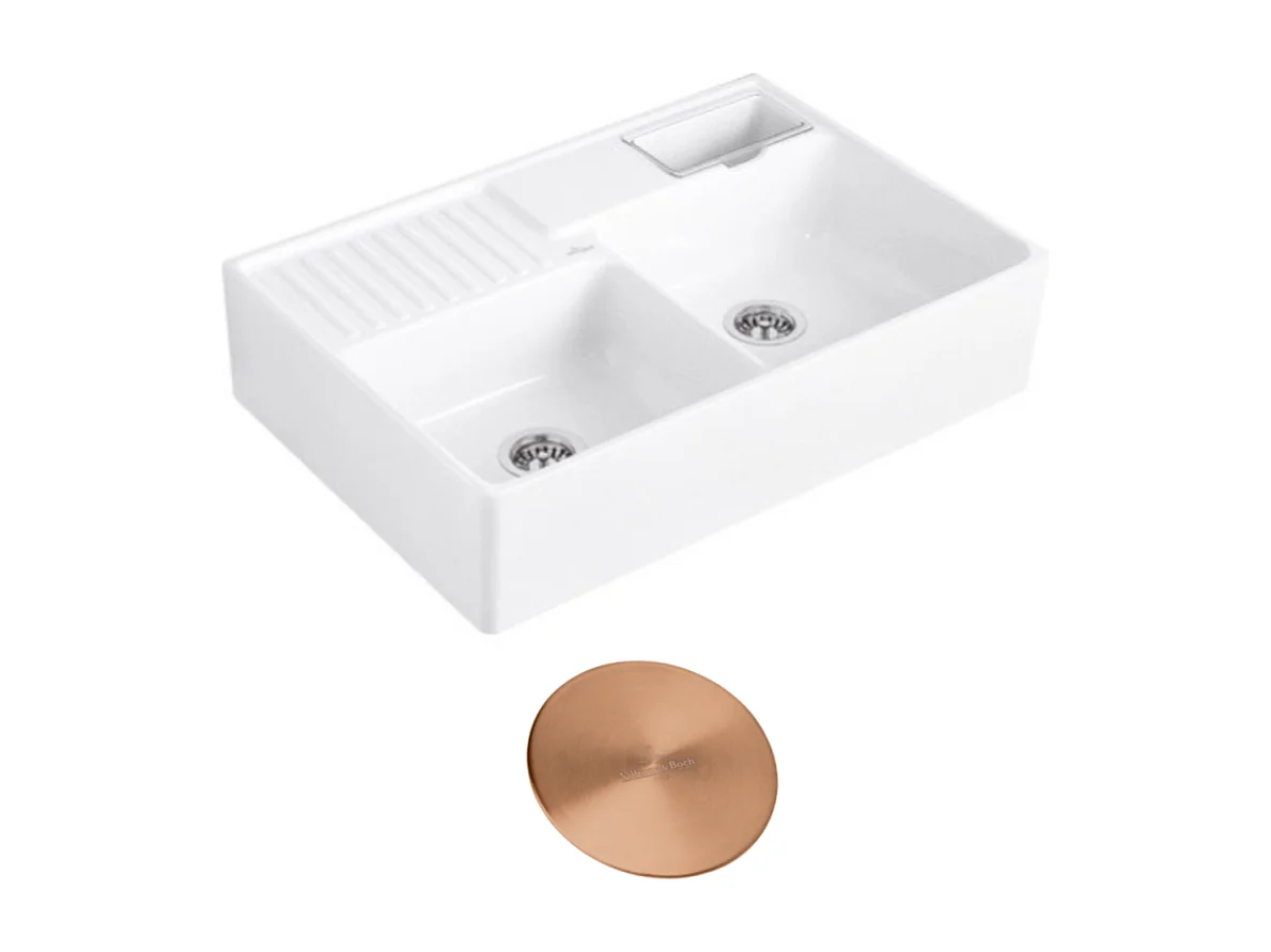 Evier timbre d'office VILLEROY ET BOCH Tradition 2 bacs 89,5 x 63 céramique vidage manuel blanc + Cache bonde bronze