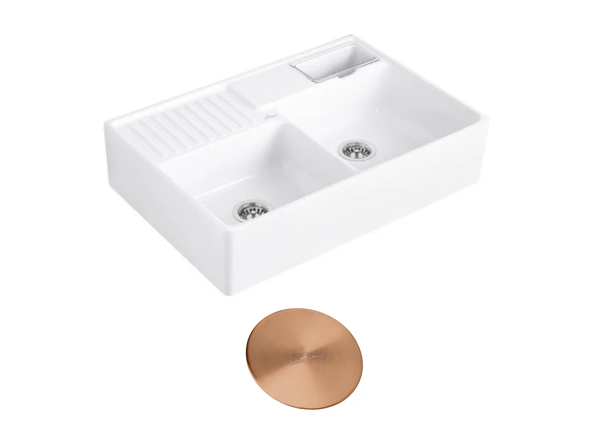 Evier timbre d'office VILLEROY ET BOCH Tradition 2 bacs 89,5 x 63 céramique vidage manuel blanc + Cache bonde bronze