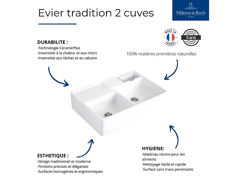 Evier timbre d'office VILLEROY ET BOCH Tradition 2 bacs 89,5 x 63 céramique vidage manuel blanc + Cache bonde bronze