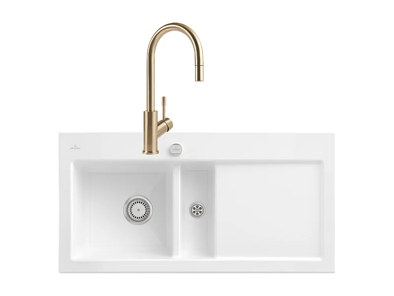 Evier VILLEROY ET BOCH Subway Pure 60 1 bac et demi égouttoir à droite vidage auto + Robinet Umbrella Flex Or Mat