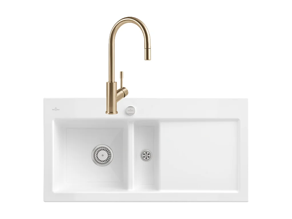 Evier VILLEROY ET BOCH Subway Pure 60 1 bac et demi égouttoir à droite vidage auto + Robinet Umbrella Flex Or Mat