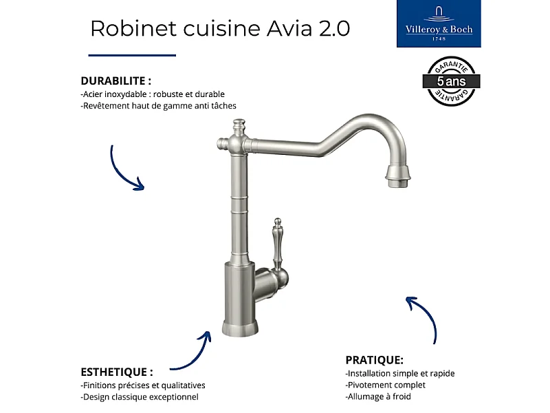 Evier VILLEROY ET BOCH Timbre d'office Tradition 2 bacs vidage auto + Robinet de cuisine Avia 2.0 Anthracite