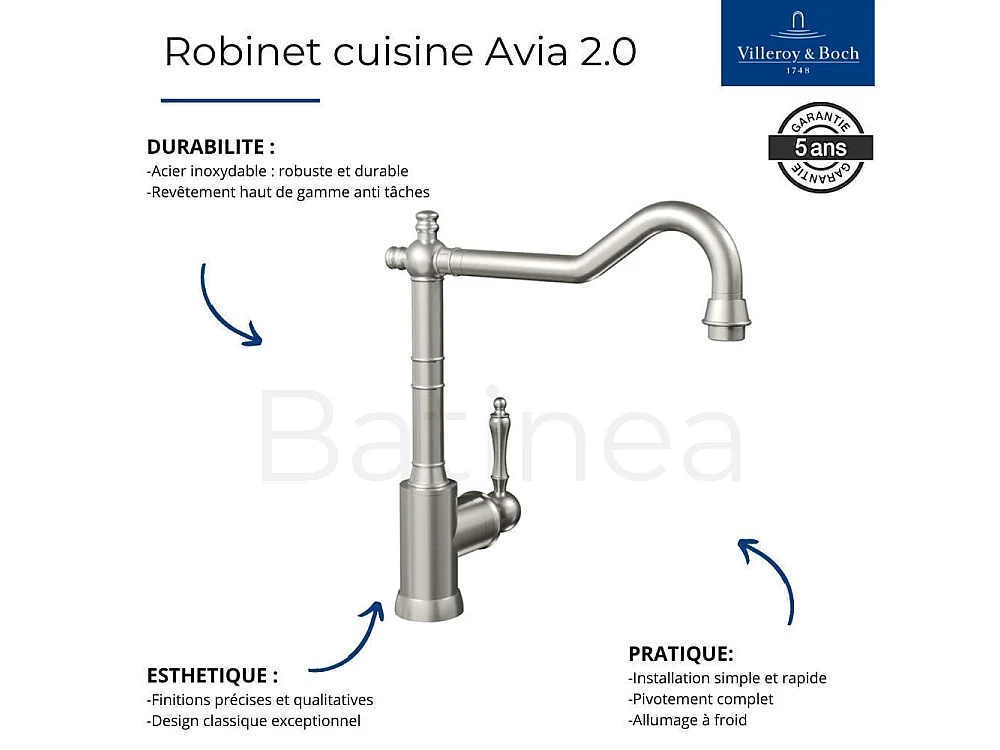 Evier VILLEROY ET BOCH Timbre d'office Tradition 2 bacs vidage auto + Robinet de cuisine Avia 2.0 Anthracite