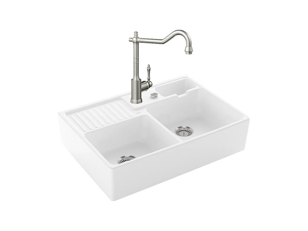 Evier VILLEROY ET BOCH Timbre d'office Tradition 2 bacs vidage auto + Robinet de cuisine Avia 2.0 Acier Massif