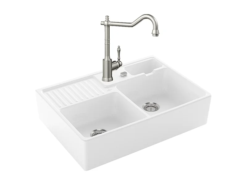 Evier VILLEROY ET BOCH Timbre d'office Tradition 2 bacs vidage auto + Robinet de cuisine Avia 2.0 Acier Massif