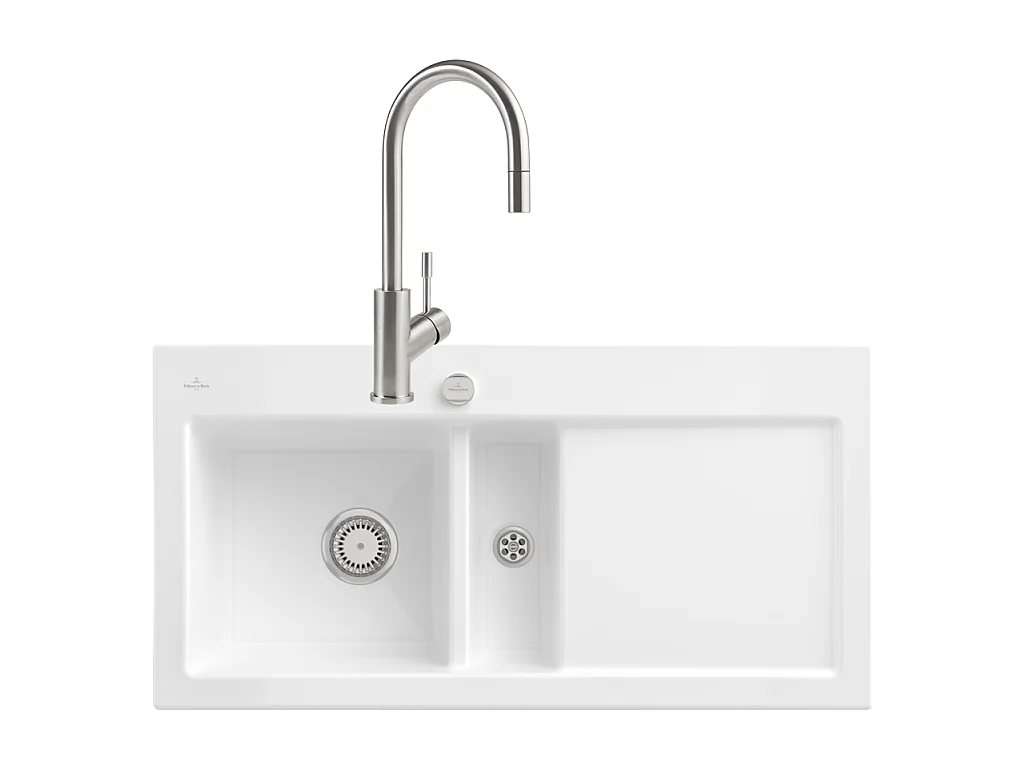 Evier VILLEROY ET BOCH Subway Pure 60 1 bac et demi égouttoir à droite vidage auto + Robinet Umbrella Flex Acier Massif