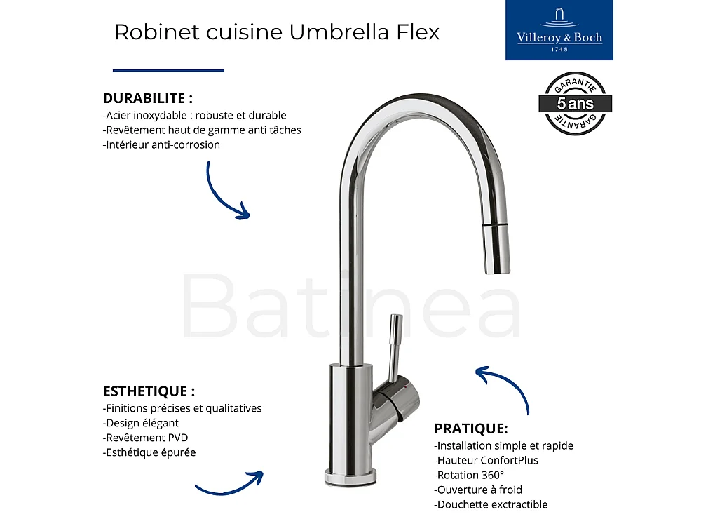 Evier VILLEROY ET BOCH Subway Pure 60 1 bac et demi égouttoir à droite vidage auto + Robinet Umbrella Flex Acier Massif