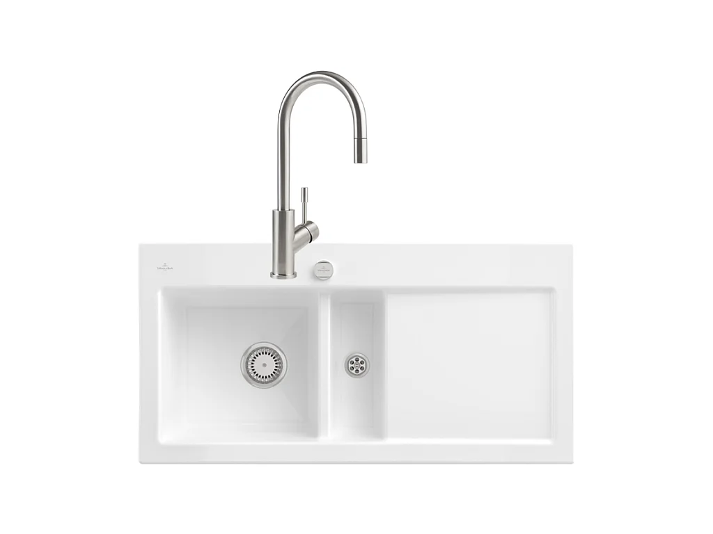 Evier VILLEROY ET BOCH Subway Pure 60 1 bac et demi égouttoir à droite vidage auto + Robinet Umbrella Flex Acier Massif