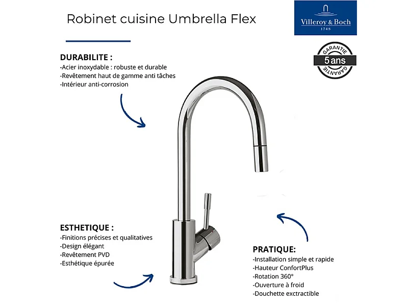 Evier VILLEROY ET BOCH Subway Pure 60 1 bac et demi égouttoir à droite vidage auto + Robinet Umbrella Flex Acier Massif