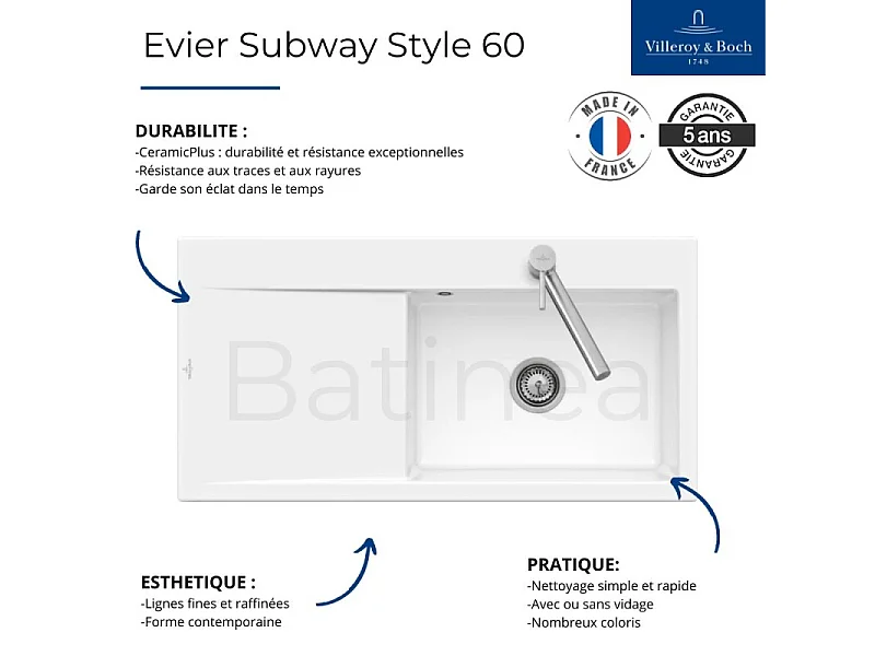 Evier a encastrer 1 bac VILLEROY ET BOCH Subway Style 60 egouttoir à gauche vidage manuel Stone White CeramicPlus