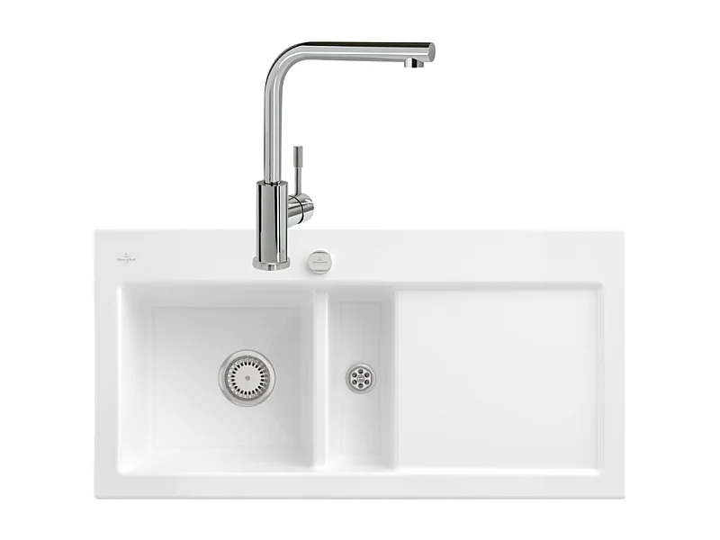 Evier VILLEROY ET BOCH Subway Pure 60 1 bac et demi égouttoir à droite vidage auto + Robinet Modern Steel Acier Massif Poli