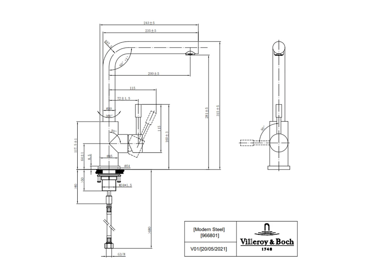 Evier VILLEROY ET BOCH Subway Pure 60 1 bac et demi égouttoir à droite vidage auto + Robinet Modern Steel Acier Massif Poli